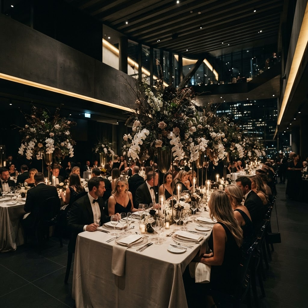 Espacio de evento premium iluminado con detalles dorados durante una velada de gala