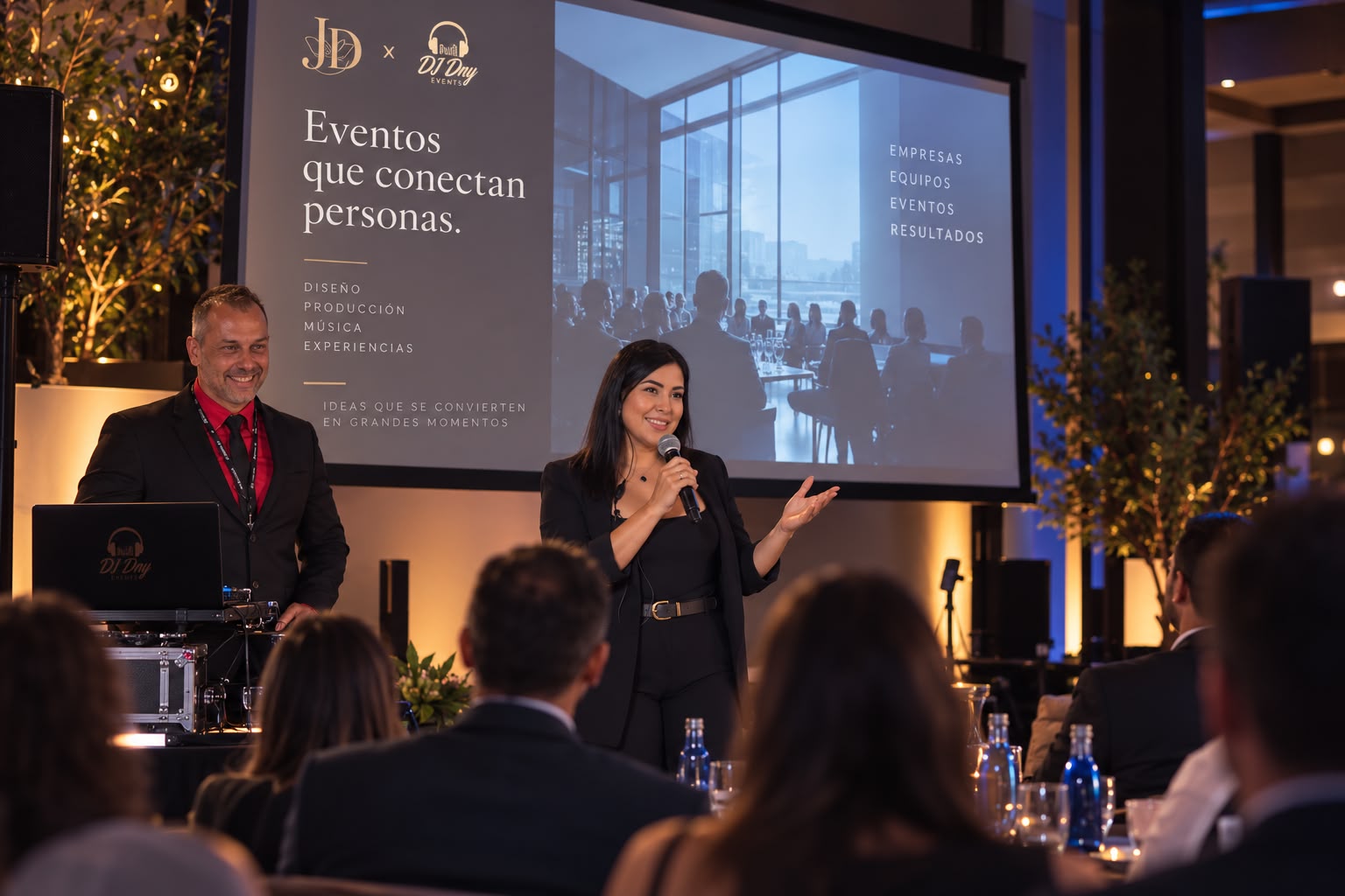 Presentación corporativa de JD y DJ DNY Events sobre el escenario ante los asistentes